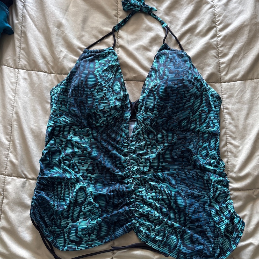 Blue and Black Snake Print Halter Tankini top